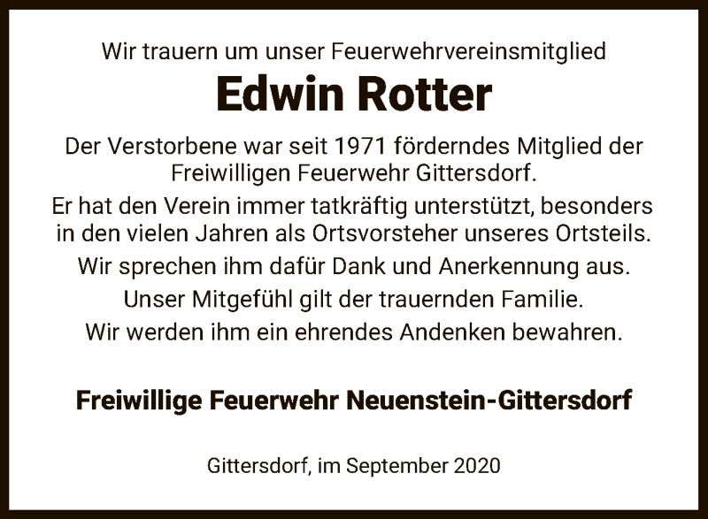  Traueranzeige für Edwin Rotter vom 02.09.2020 aus HZ