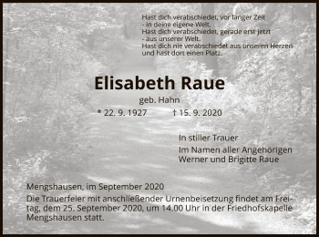 Traueranzeige von Elisabeth Raue von HZ