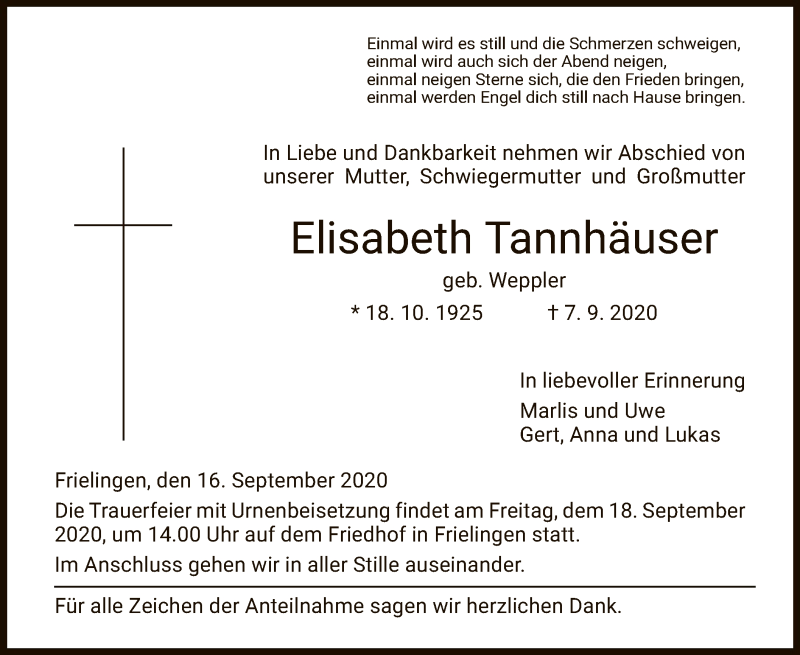  Traueranzeige für Elisabeth Tannhäuser vom 16.09.2020 aus HZ