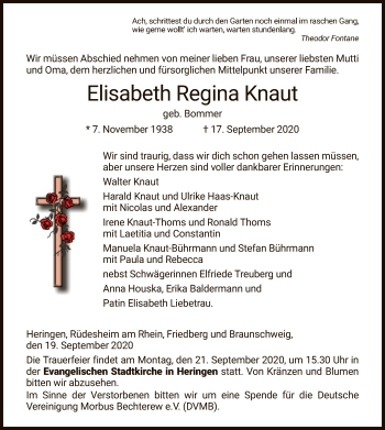 Traueranzeige von Elisabeth Regina Knaut von HZ