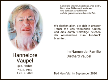 Traueranzeige von Hannelore Vaupel von HZ