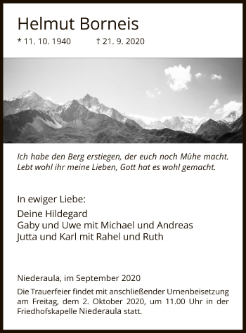 Traueranzeige von Helmut Borneis von HZ