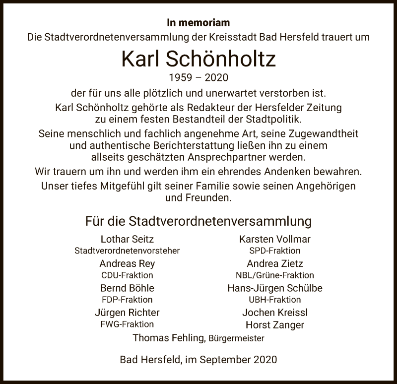  Traueranzeige für Karl Schönholtz vom 19.09.2020 aus HZ