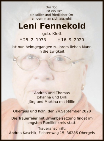 Traueranzeige von Leni Fennekold von HZ