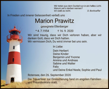 Traueranzeige von Marion Prawitz von HZ