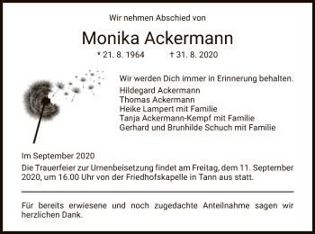 Traueranzeige von Monika Ackermann von HZ