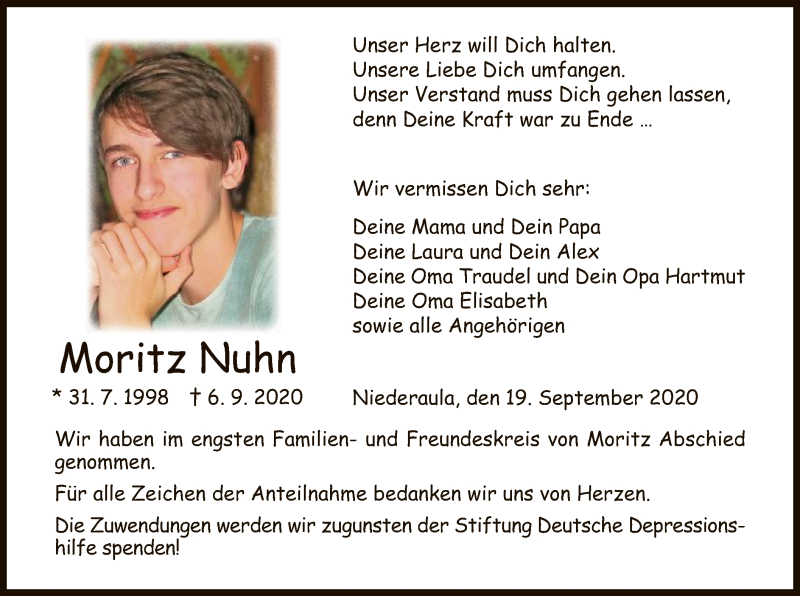  Traueranzeige für Moritz Nuhn vom 19.09.2020 aus HZ