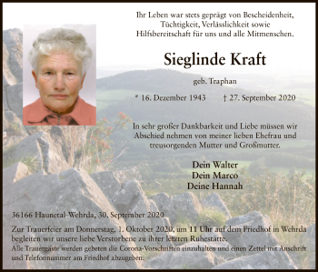 Traueranzeige von Sieglinde Kraft von HZ