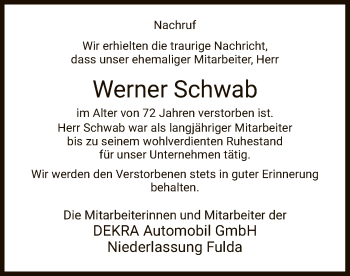 Traueranzeige von Werner Schwab von HZ