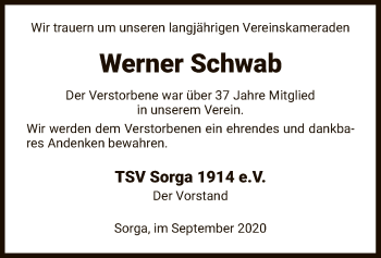 Traueranzeige von Werner Schwab von HZ