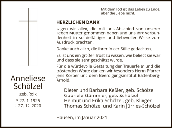 Traueranzeige von Anneliese Schölzel von HNA