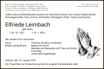 Traueranzeige von Elfriede Leimbach von HZ