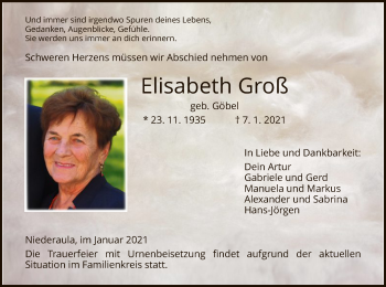 Traueranzeige von Elisabeth Groß von HZ