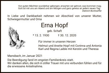 Traueranzeige von Erna Hopf von HZ