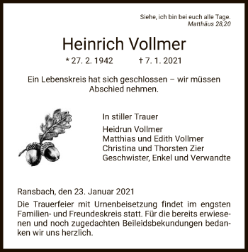 Traueranzeige von Heinrich Vollmer von HZ