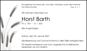 Traueranzeige von Horst Barth von HZ