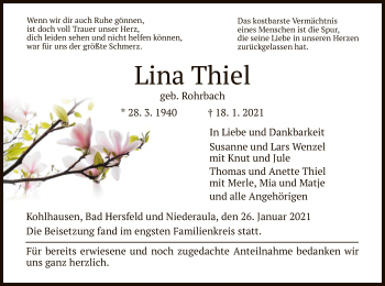 Traueranzeige von Lina Thiel von HZ