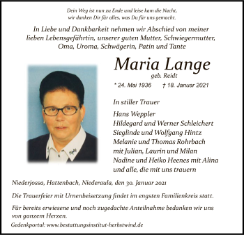 Traueranzeige von Maria Lange von HZ