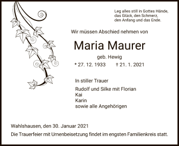 Traueranzeige von Maria Maurer von HNA