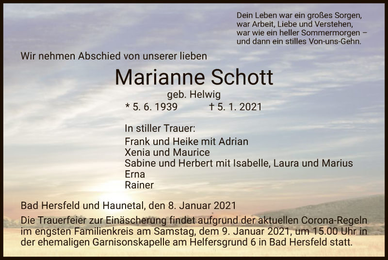  Traueranzeige für Marianne Schott vom 08.01.2021 aus HZ