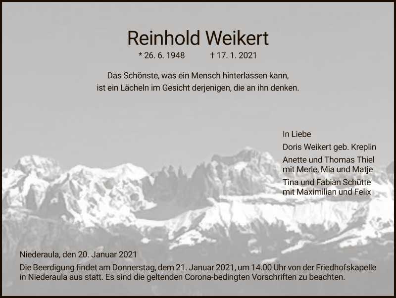  Traueranzeige für Reinhold Weikert vom 20.01.2021 aus HZ