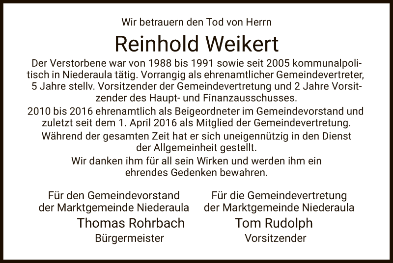  Traueranzeige für Reinhold Weikert vom 20.01.2021 aus HZ