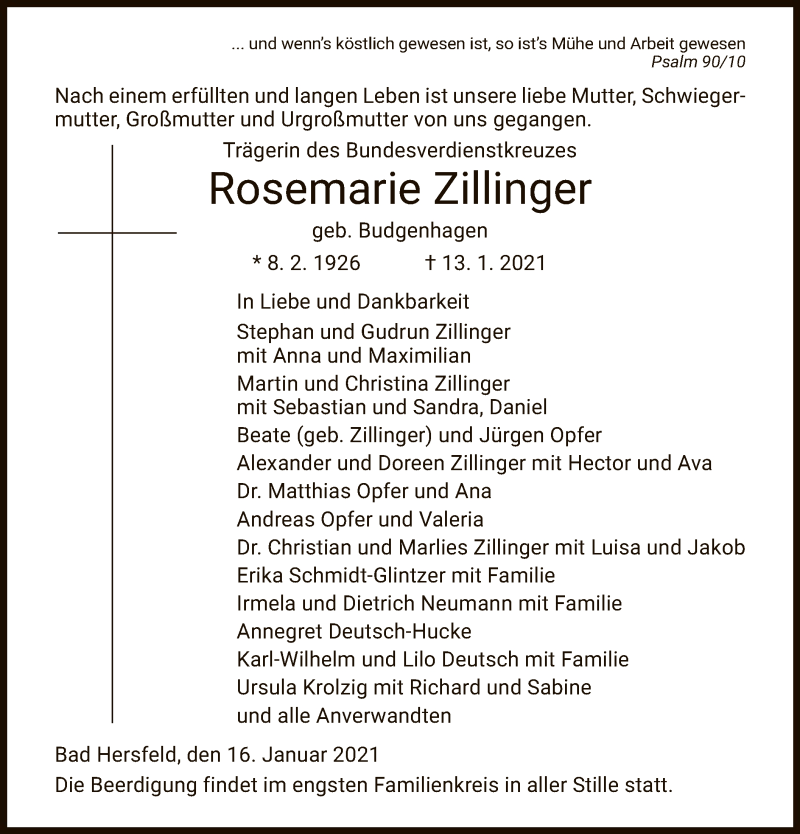  Traueranzeige für Rosemarie Zillinger vom 16.01.2021 aus HZ