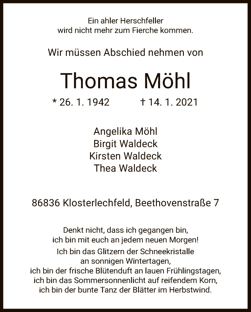  Traueranzeige für Thomas Möhl vom 23.01.2021 aus HZ