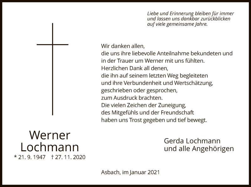  Traueranzeige für Werner Lochmann vom 09.01.2021 aus HZ