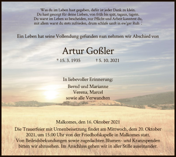 Traueranzeige von Artur Goßler von HZ