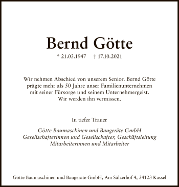 Traueranzeige von Bernd Götte von HNA