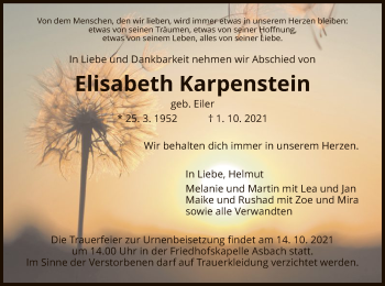 Traueranzeige von Elisabeth Karpenstein von HZ