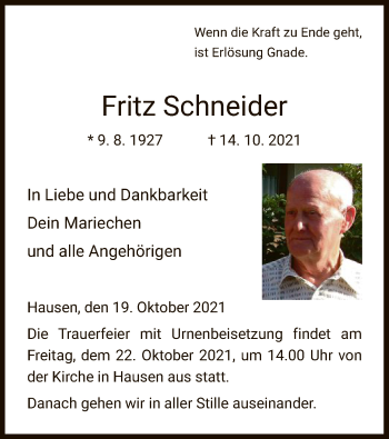 Traueranzeige von Fritz Schneider von HZ