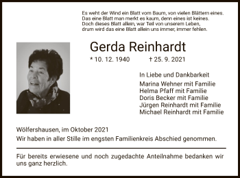 Traueranzeige von Gerda Reinhardt von HZ