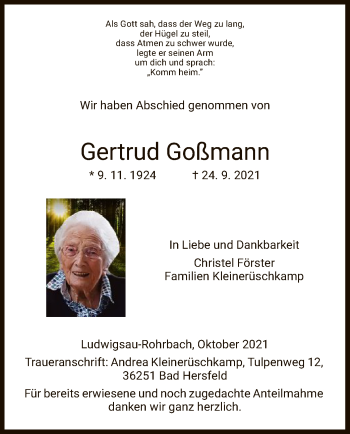 Traueranzeige von Gertrud Goßmann von HZ