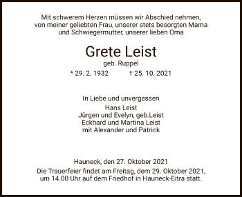 Traueranzeige von Grete Leist von HZ