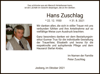 Traueranzeige von Hans Zuschlag von HZ