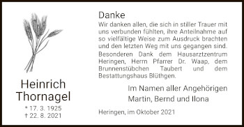 Traueranzeige von Heinrich Thornagel von HZ