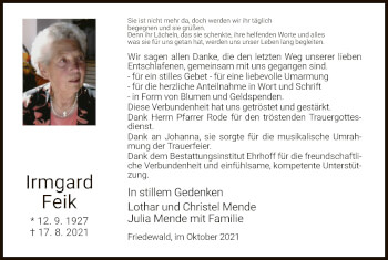 Traueranzeige von Irmgard Feik von HZ