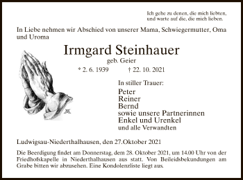 Traueranzeige von Irmgard Steinhauer von HZ