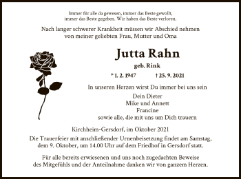 Traueranzeige von Jutta Rahn von HZ