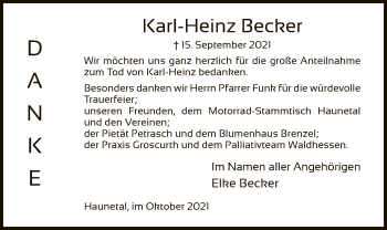 Traueranzeige von Karl-Heinz Becker von HZ