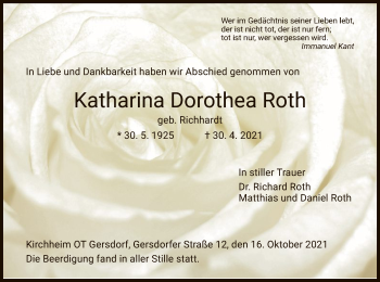 Traueranzeige von Katharina Dorothea Roth von HZ