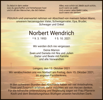 Traueranzeige von Norbert Wendrich von HZ