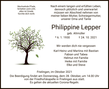 Traueranzeige von Philippine Lepper von HZ