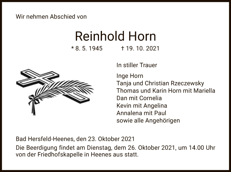  Traueranzeige für Reinhold Horn vom 23.10.2021 aus HZ