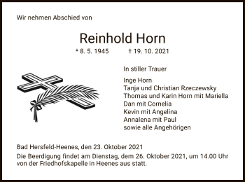 Traueranzeige von Reinhold Horn von HZ