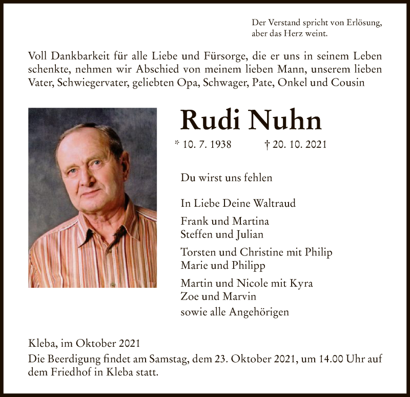  Traueranzeige für Rudi Nuhn vom 22.10.2021 aus HZ