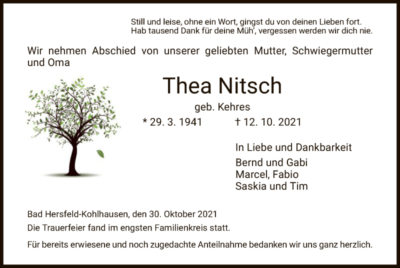  Traueranzeige für Thea Nitsch vom 30.10.2021 aus HZ