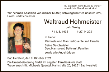 Traueranzeige von Waltraud Hohmeister von HZ